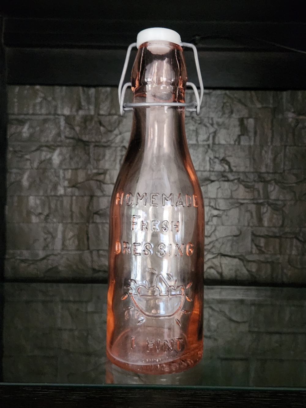 Vintage Crownford Giftware Pink Glass Flip-Top 1 Pint Dressing Bottle Circa 1975